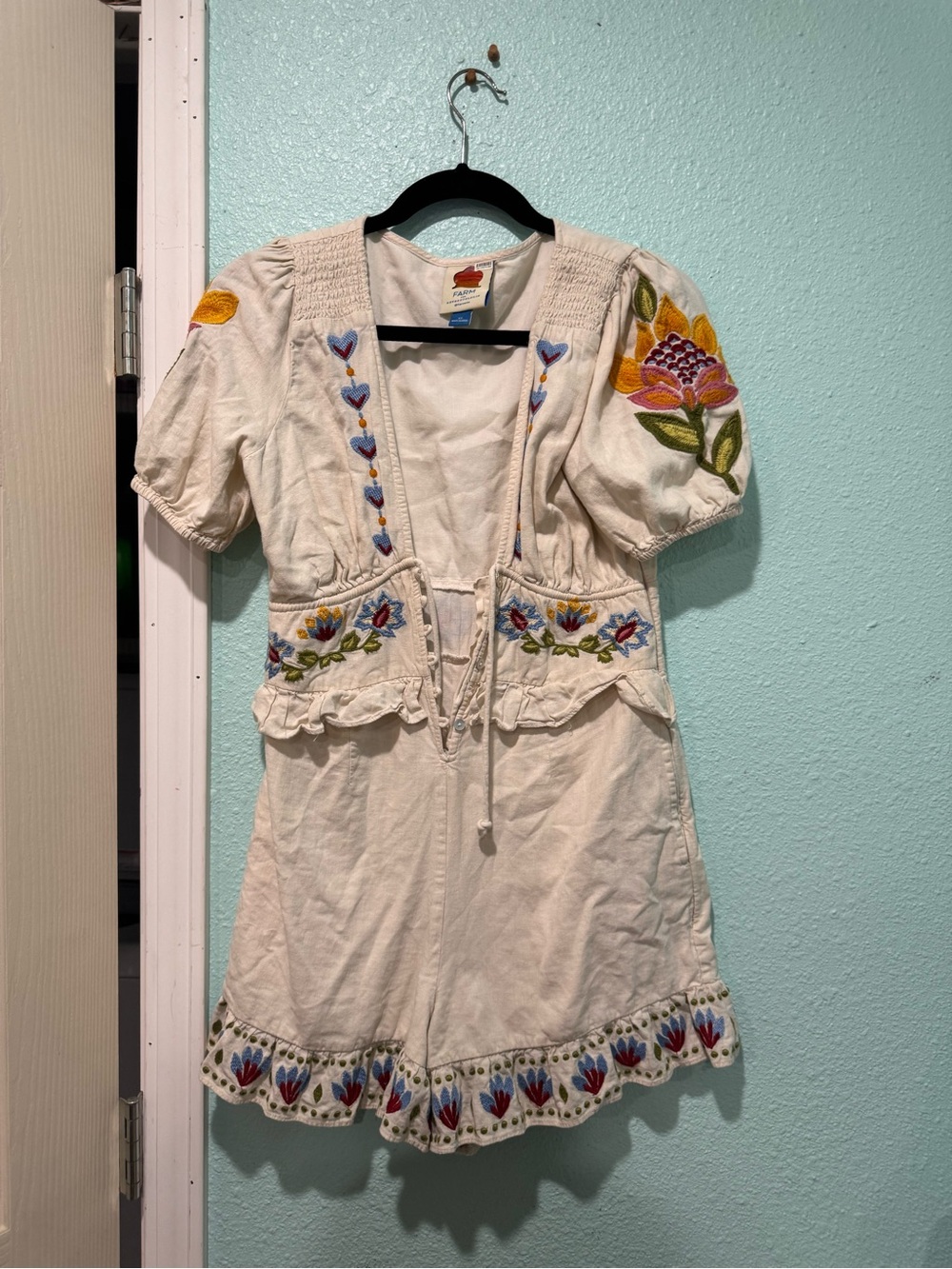 FARM Rio Cream Embroidered Romper with Blue and Red Accents